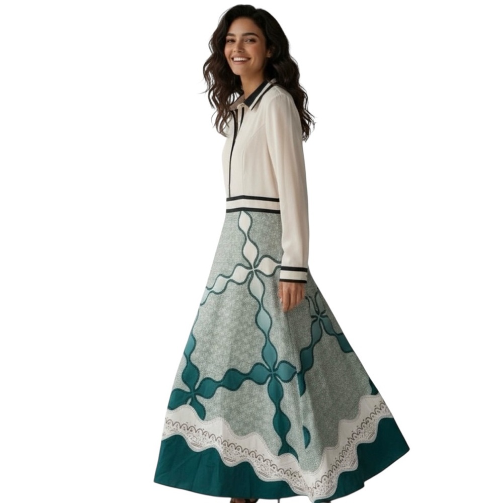 Elegant Teal and Cream Maxi Dress with Patterned Skirt